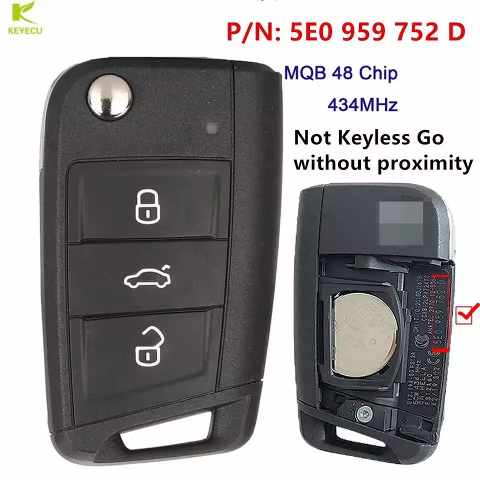 KEYECU Original 3 Buttons 434 MHz MQB48 Flip Remote Key Not Keyless Go for Skoda Octavia FABIA Rapid MK3 2013+ 5E0 959 752 D