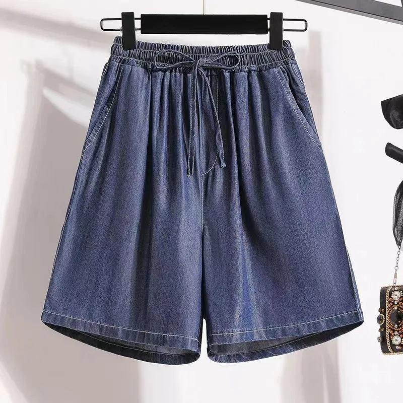 solid color Denim Shorts Women's Summer New IN Thin Casual Five-point Large Size Loose Wide Legs High Waist Old A-word