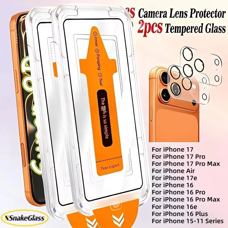 Protection d'écran en verre trempé 4-en-1 + Protection d'objectif pour iPhone 13/14/15/16/17/ Plus/ Pro/Pro Max/Air/16E/17E Résistance aux rayures