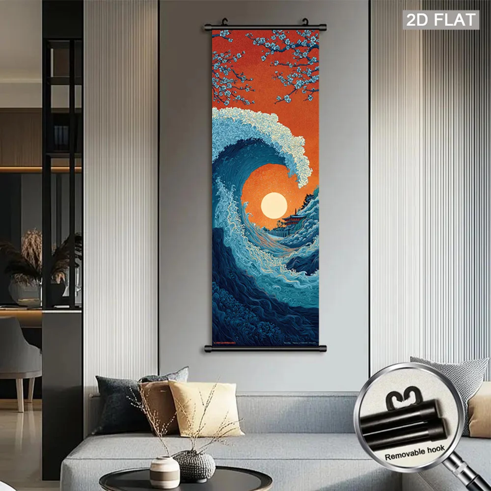 VIKAMA Japanese Ukiyo-e Great Wave Wall Art Hanging Scroll Poster Asian Canvas Art Print for Living Room Bedroom Home Decor