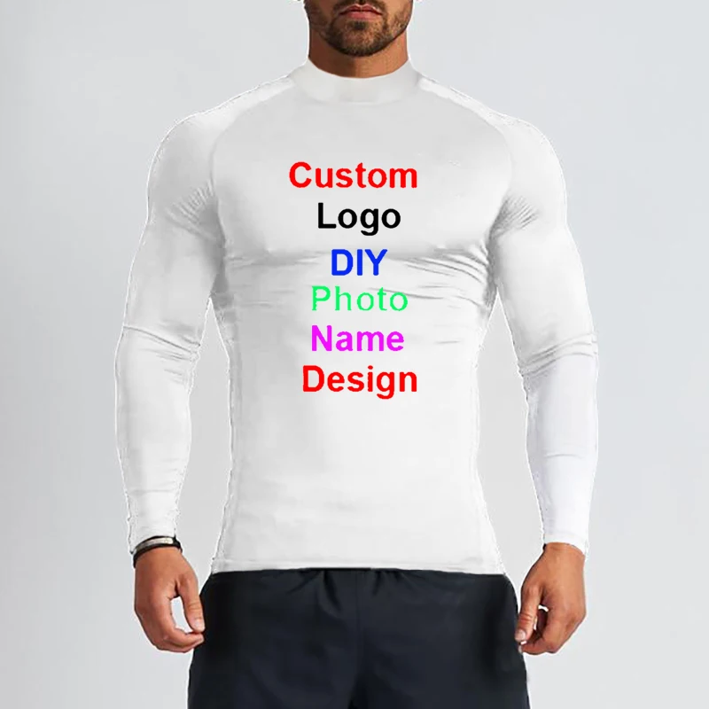 Customized DIY Brand Logo Turtleneck Quick Dry Gym T Shirt Men Fitness Skinny Long Sleeve T-shirt Sports TShirt Tight Clothing