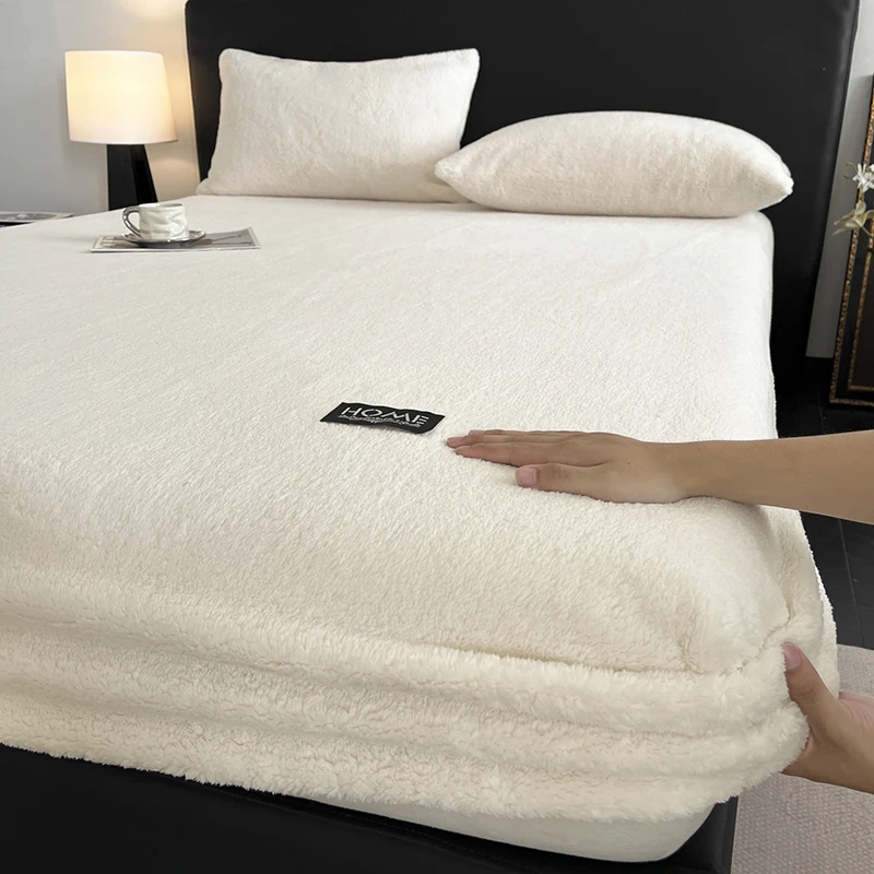 Winter Thick Coral Fleece Fitted Sheet Set 3Pcs Super Soft Warm Bedspread with Pillowcases Comfort All-Inclusive Bed Cover Kit
