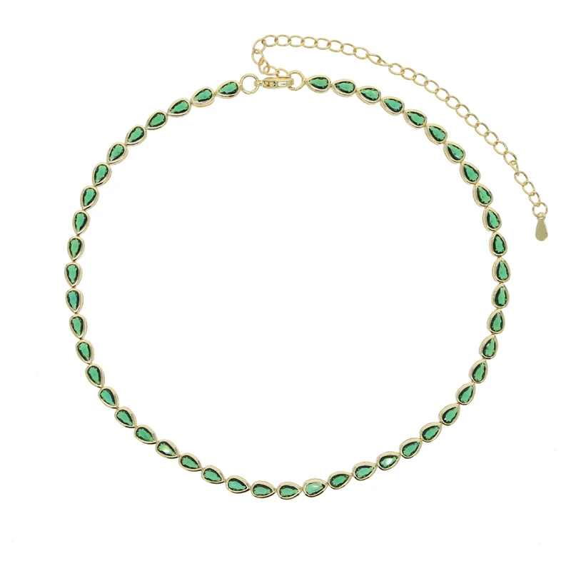 White Green Tear Drop Cubic Zirconia Bezel Set Tennis Chain Gold Color Fashion Women Choker Necklace