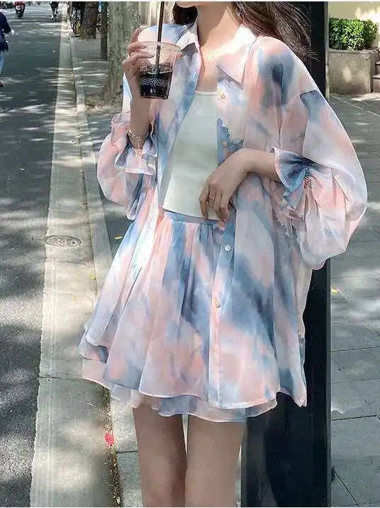 

Large Size Women's Long Sleeve Sunscreen Shirt Blouse Summer Fashion Set Three Pieces Korean Style with Belt Winter Collection