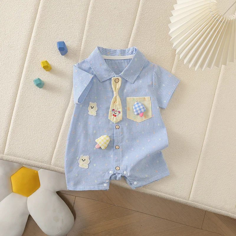 Sommerlicher Baby-Overall im koreanischen Stil mit Teddybär-Kragen, kariert, kurz, für Jungen und Mädchen – Detail 3