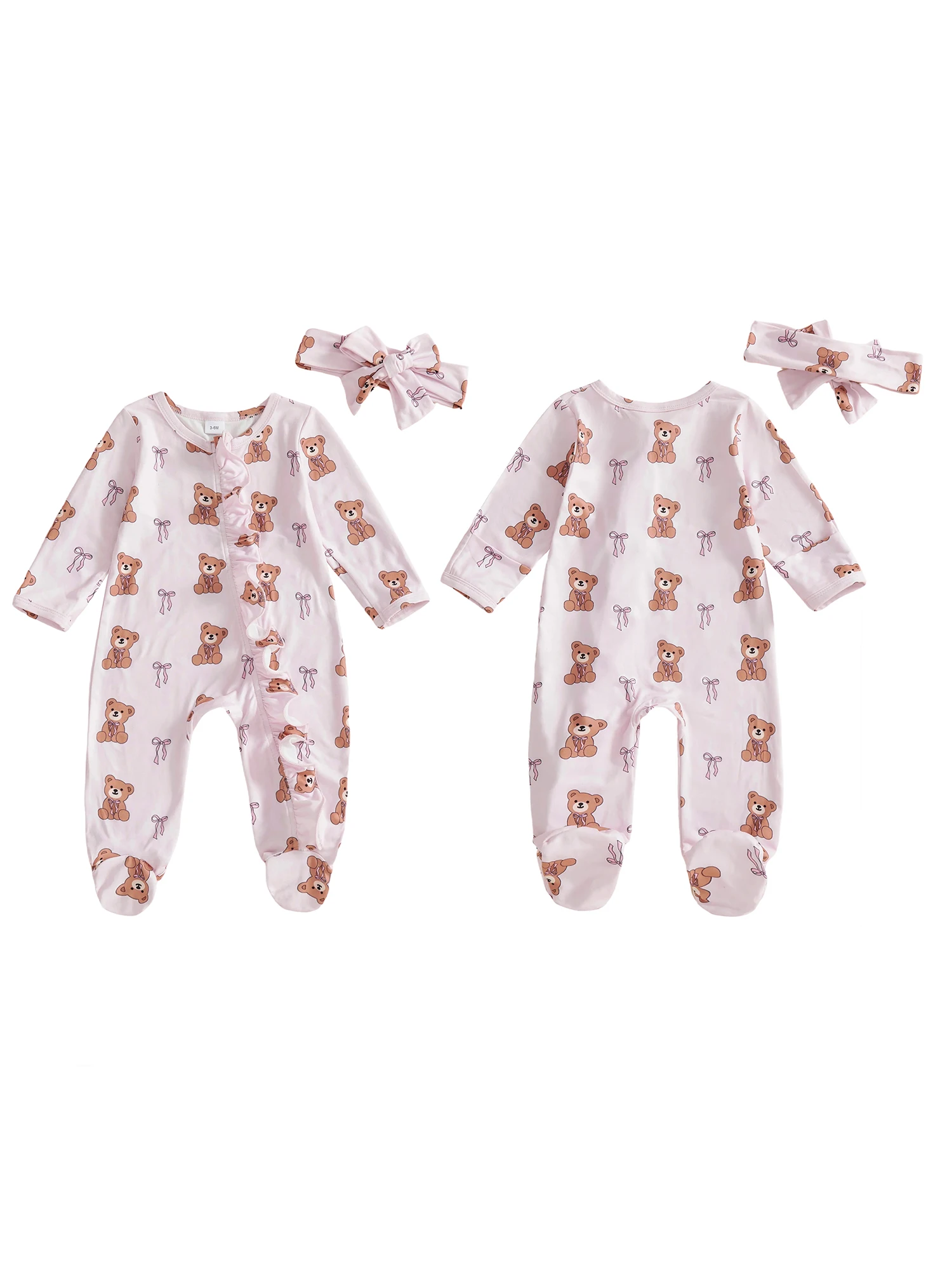 

Adorable Baby Girl Valentine s Day Outfit Heart Print Long Sleeve Ruffled Zip Up Footed Romper with Matching Headband and Bear