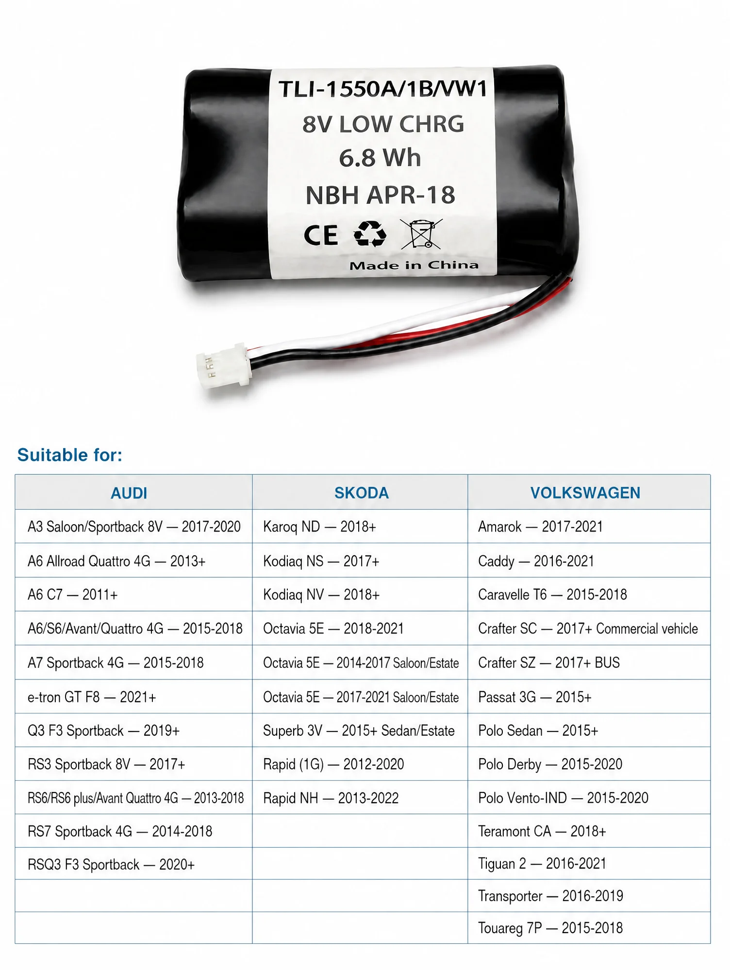 (TLI-1550A/1B/VW1) Backup Battery For Audi, Skoda, VW Automotive VCM Gateway Module SOS Emergency P/N: 3Q0035284, 1K8035284