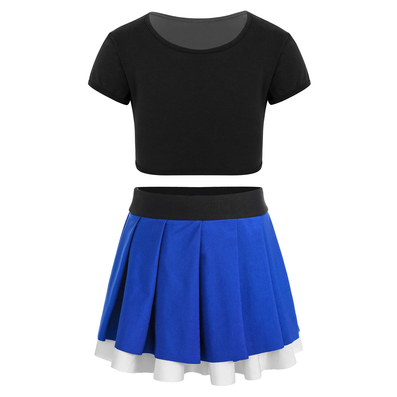 

Kids Girls Dance Performance Set Short Sleeves T Shirt Crop Top with Pleated Skirt Two Layers Contrast Color for Dance Wear