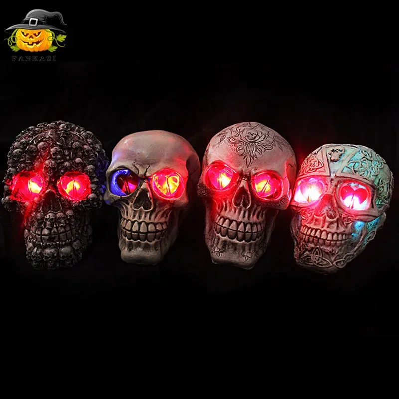 Halloween decoration with lights, skull head, resin multi head, novel and glowing haunted house, secret room, prank and frighten