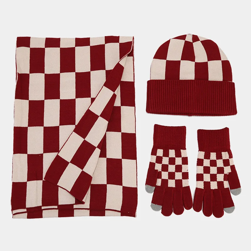 Women Beanies Scarf Gloves Set 3pcs Knitting Plaid Classic Red Black Khaki Winter Hats Sets Unisex