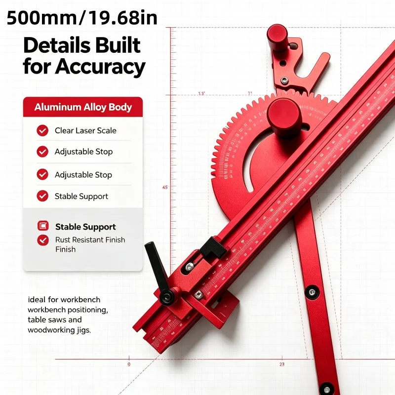 500mm Woodworking Miter Gauge, Aluminum Alloy Table Saw Angle Push Ruler, Miter Slot Push Fence Carpentry Workbench Tools