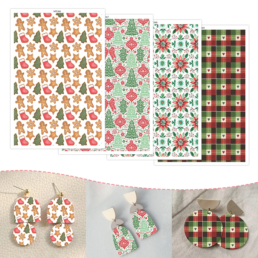 Gingerbread Man Christmas Tree Bulb Flower Polymer Clay Transfer Paper Love Grid Stickers for DIY Jewelry Earring Printing Paper