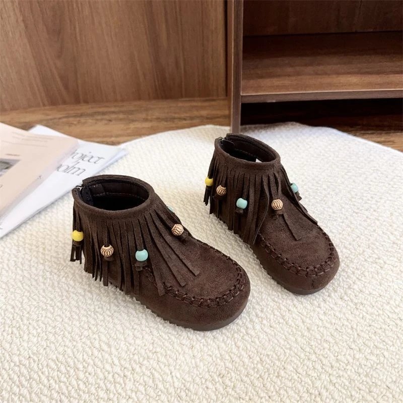 

Vintage Fringe Ankle Boots for Kids Fashion Soft Leather Princess Flat Boots Toddler Girls Spring and Autumn Shoes