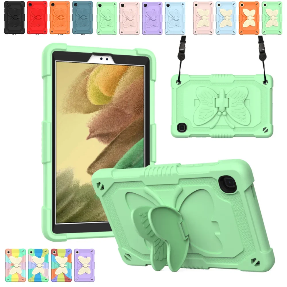 Capa para Samsung Galaxy Tab A7 Lite 8,7 polegadas T220 T225 PC rígido + capa de silicone macio com suporte borboleta e alça de ombro