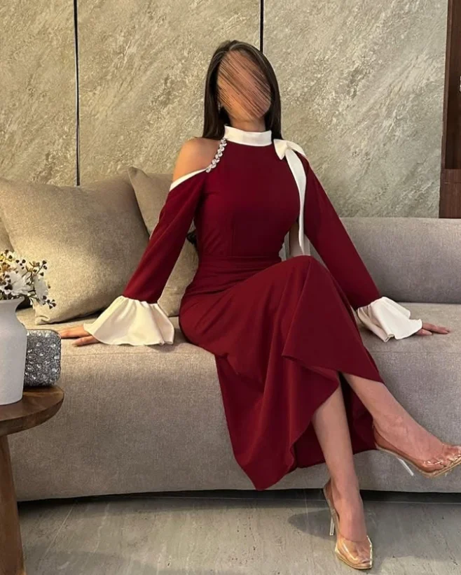 Robe rouge personnalisée De haute qualité, manches longues, longueur cheville, nœud froissé, col haut, robes De Gala, robes De Cocktail