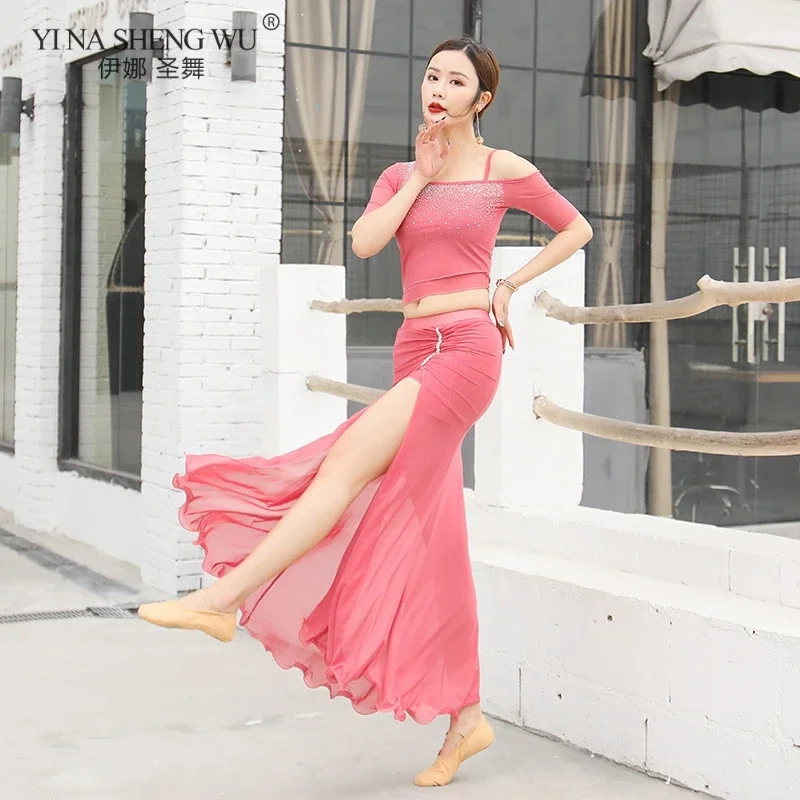 

Женская одежда для танца живота, новая пряжа, сексуальные топы для восточных индийских танцев, комплект с длинной юбкой, летняя сценическая одежда для начинающих, наряды