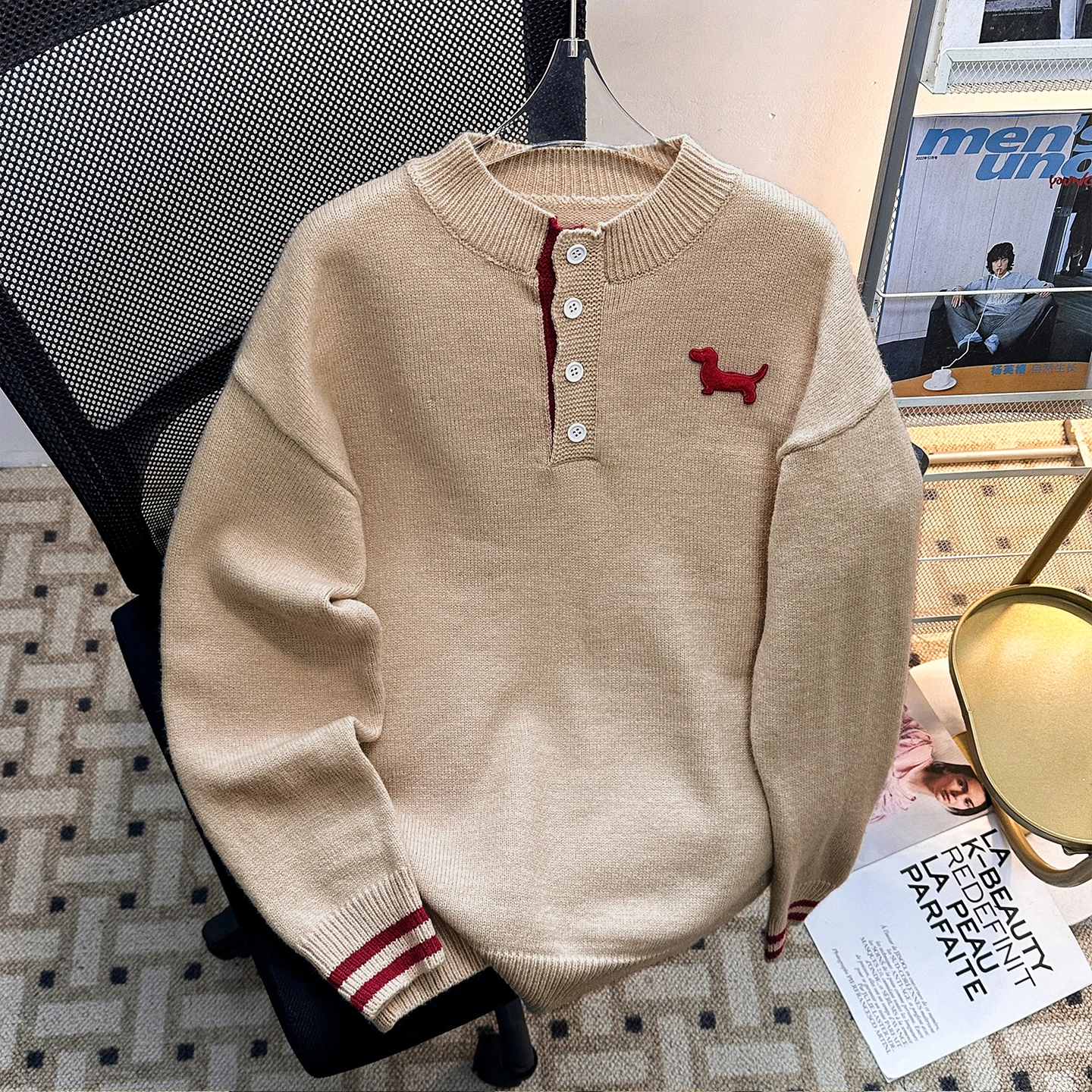 

Autumn Winter Knitted Sweater Men's Loose Fit Henry Collar Embroidered Sausage Dog Sweatirt Youth Casual Warm Thiened