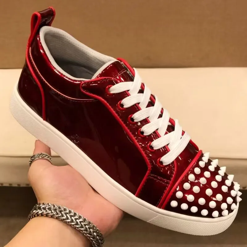 italian brand designer men fashion red studded shoes lace-up flats rivets shoe patent leather sneakers singer DJ stage footwear