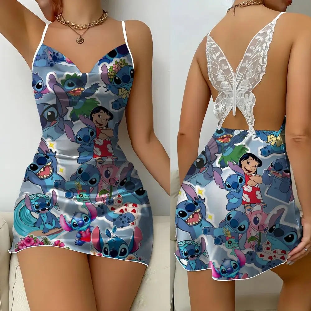 2025 Disney Stitch Pattern Printed Butterfly Lace Backless Suspender Nightgown Girls Lace Birthday Party Short Dress