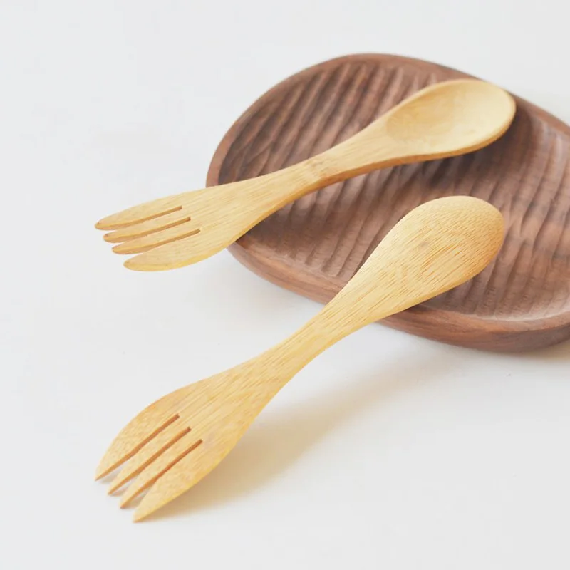 200Pcs/Lot 2 in 1 Wooden Double Head Flatware Spoon and Fork Non-stick Pan Kitchen Utensils Wholesale