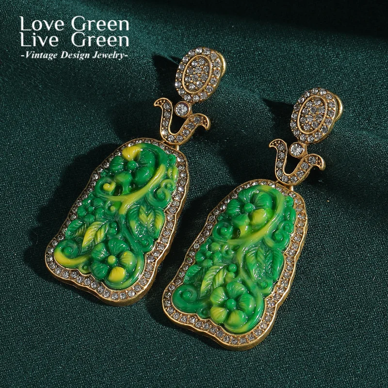 

Vintage Green Jade Flower Drop Earrings For Women Large Rhinestone Luxury Jewelry Designer Wedding Christmas New Trends In 2025