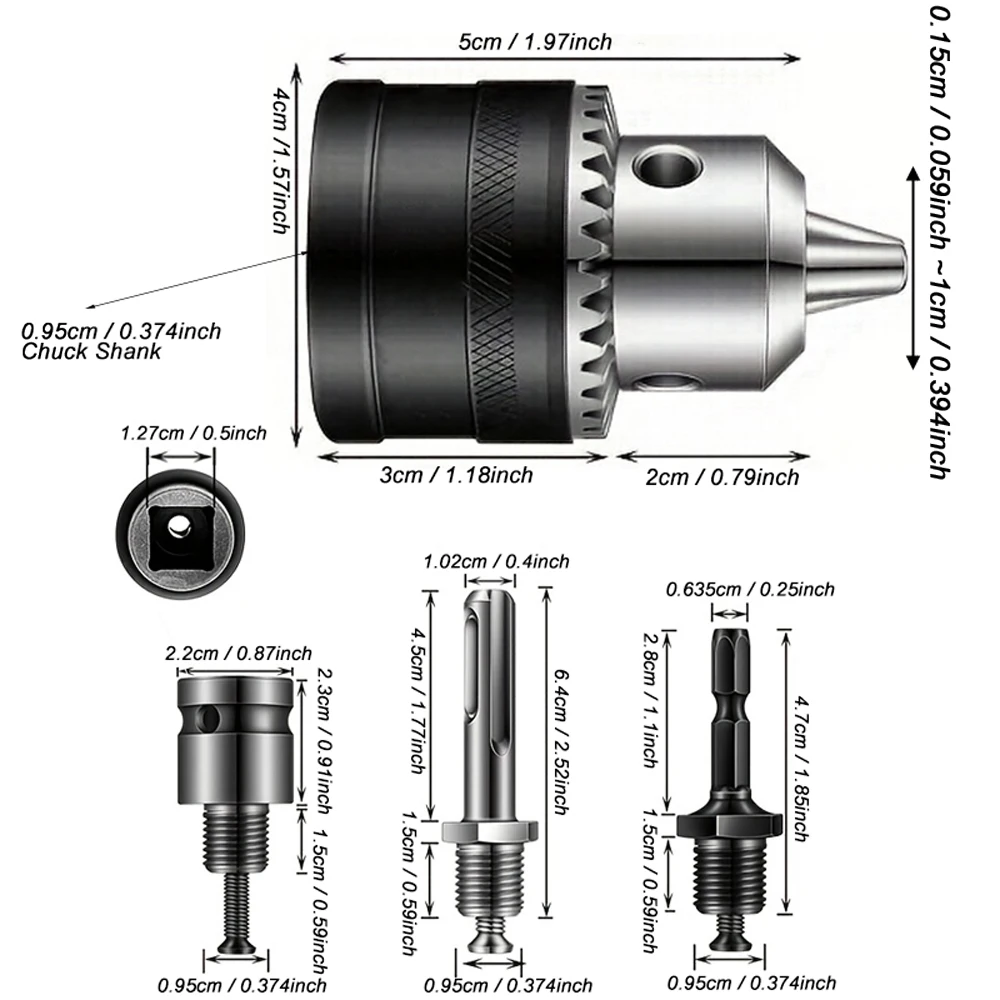 5pcs/set,1.5mm~10mm Metal Drill Chuck,with Chuck Key,3/8-24UNF Thread Quick Change,Conversion Shank(Hex/SDS-Plus/Square Adapter)