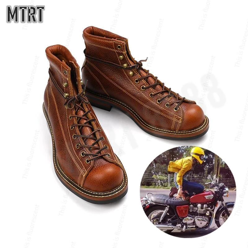 

Retro Color-blocked High-top Round-toe Motorcycle Riding Shoes for Men and Women Martin Paratrooper Boots Cowhide Short Boots