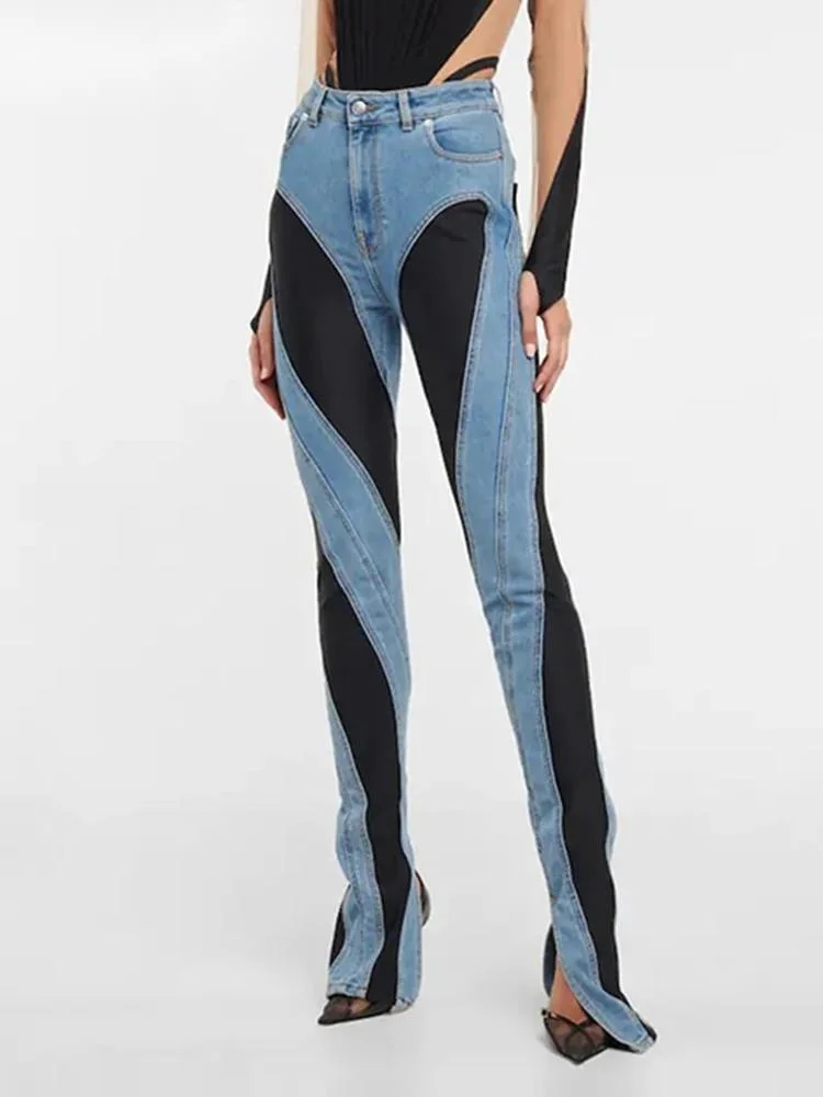 

Fashion Women's Jeans Slim Deconstruct Panelled Patchwork High Waist Split Blue Long Denim Pants Spring 2026 New 1D9XVI