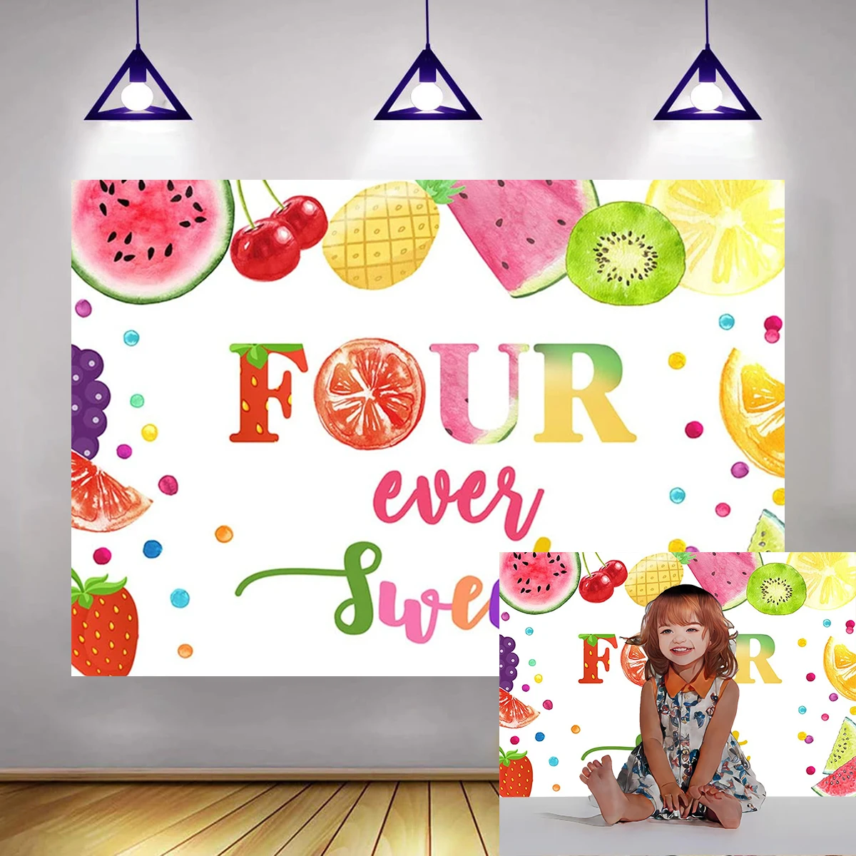 

Four Ever Sweet Happy 4th Birthday Banner Backdrop Welcome Party Decorations Girls Furit Theme Watermelon Family Photography