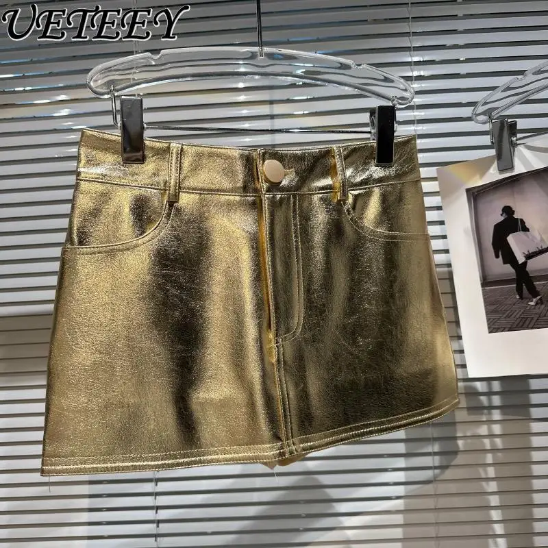 

2024 Spring New Hot Girl Retro Golden PU Leather Shiny Patent Leather Hip Skirt Women's High Waist Street Wear Nightclub Skirts