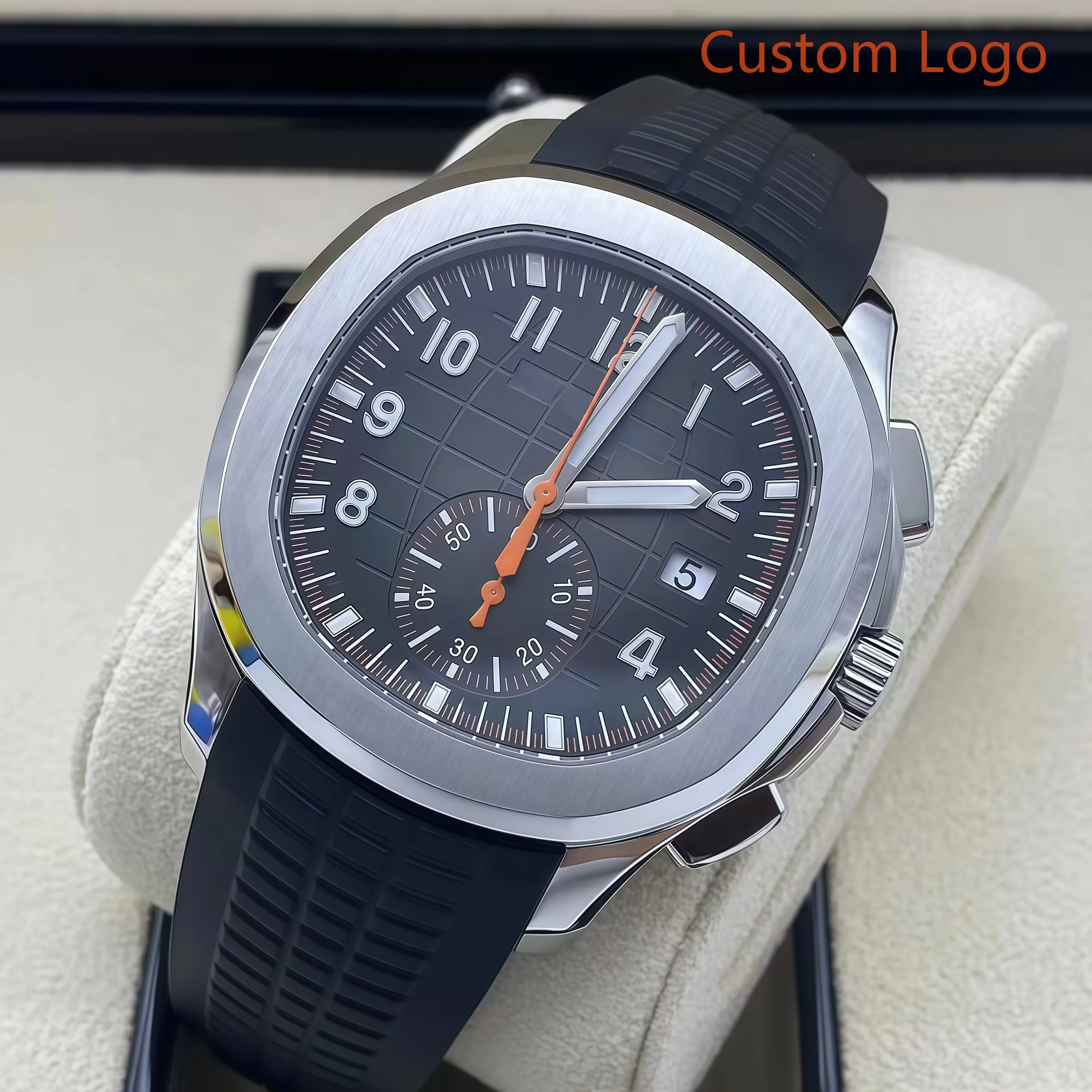 LONG GE Men Chronograph Watch Black Wave Grid Textured Dial Waterproof Luxury Sports Male Automatic Customized Watches