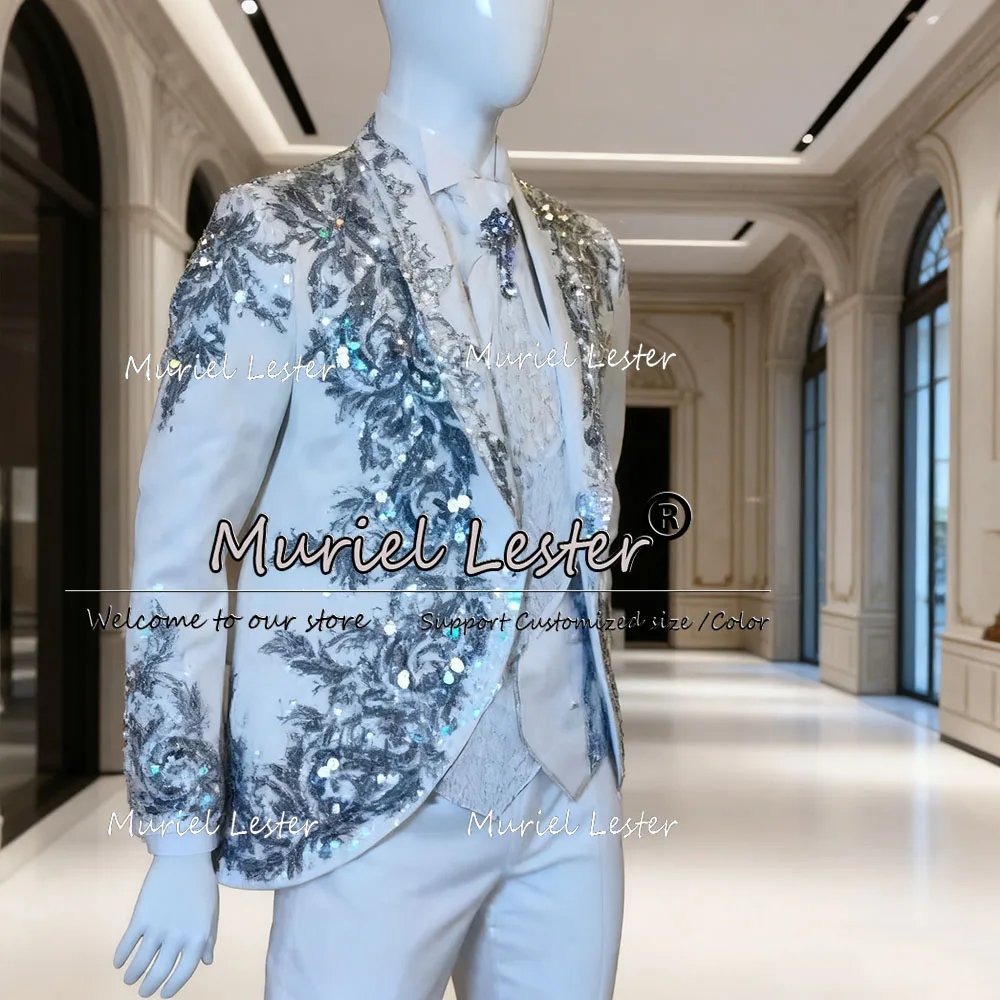 

Роскошный мужской костюм с кристаллами и бисером на свадьбу, комплекты из 3 предметов, блестящий вышитый пиджак для выпускного вечера, мужские смокинги для банкета по индивидуальному заказу