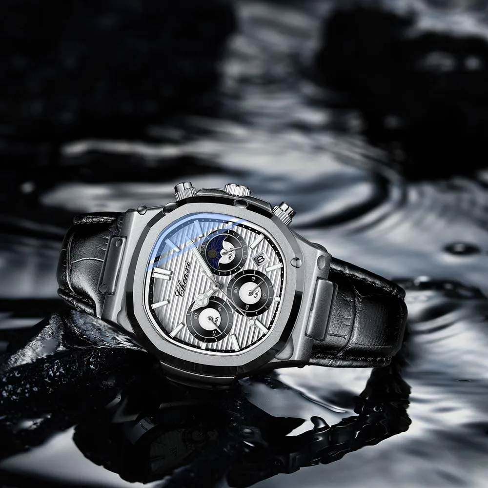 CHENXI Multifunctional Men's Watch True Three Sub-dials Six Hands Calendar Moon Phase Chronograph Octagonal Quartz Watch Reloj