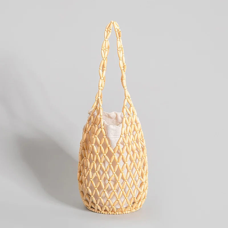 Wooden Bead Bag Hand-woven Summer Holiday Beach String Shoulder Bag Women Designer Handbags Luxury