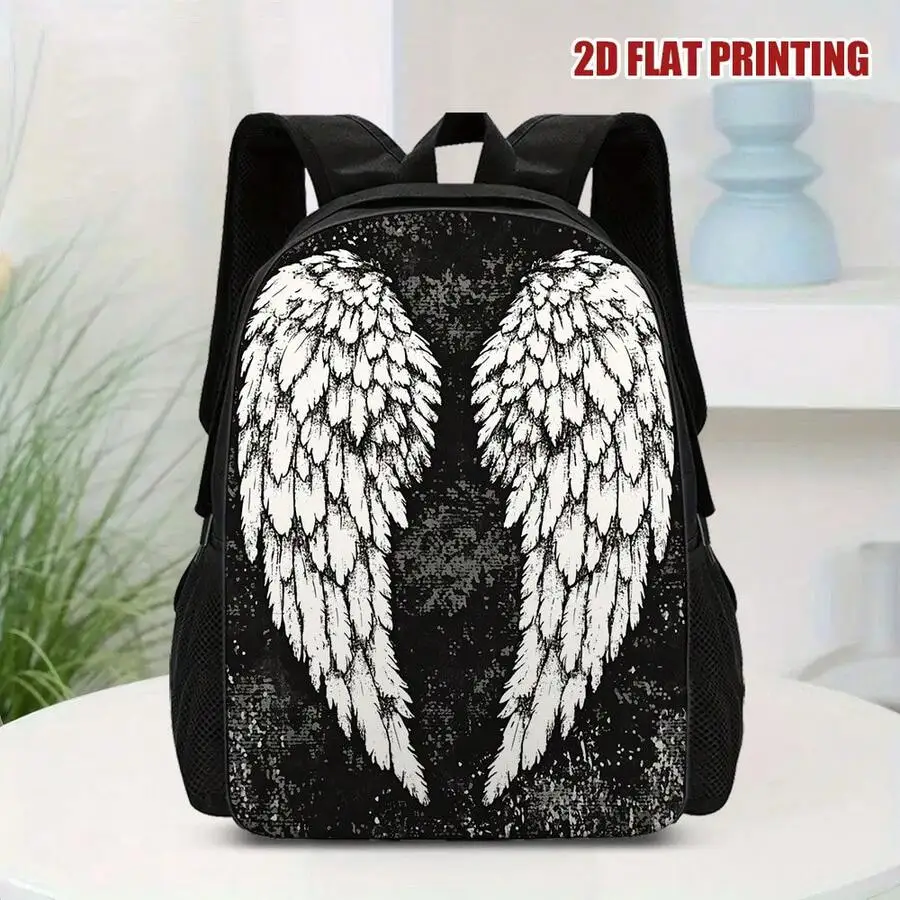 1PC White Wings Print Backpack - Lightweight And Compact Campus School Bag With Feather Pattern, Zipper Closure, Suitable For Wo