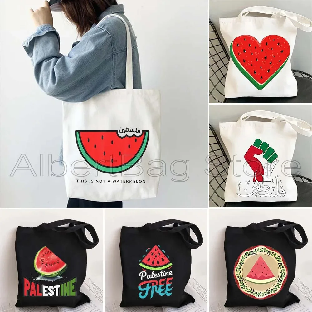 Floral Cute Watermelon Art Gifts Love Peace Embroidery Tatreez Colorful Olive Funny Arabic Words Canvas Tote Bag Shopper Handbag