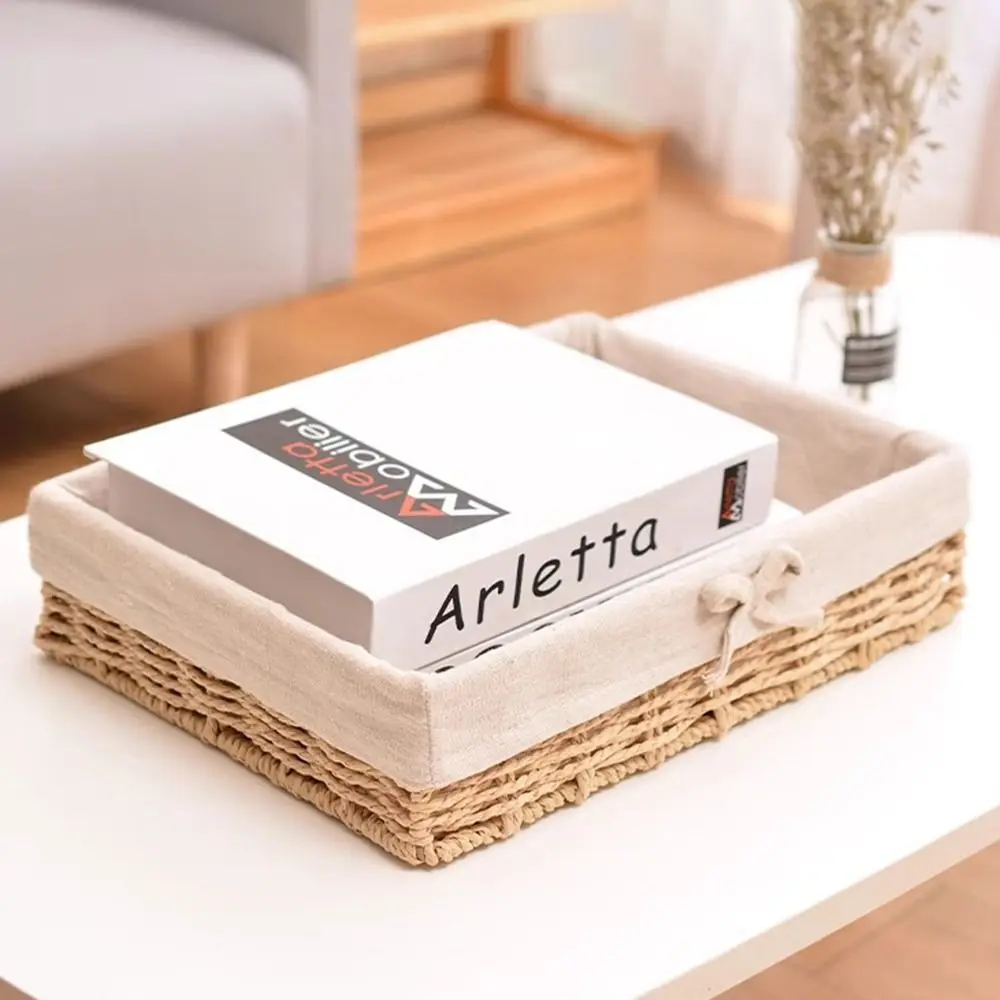 Rectangular Handmade Rattan Storage Baskets French Style Save Space Cosmetics Storage Box Bow Bohemian Style