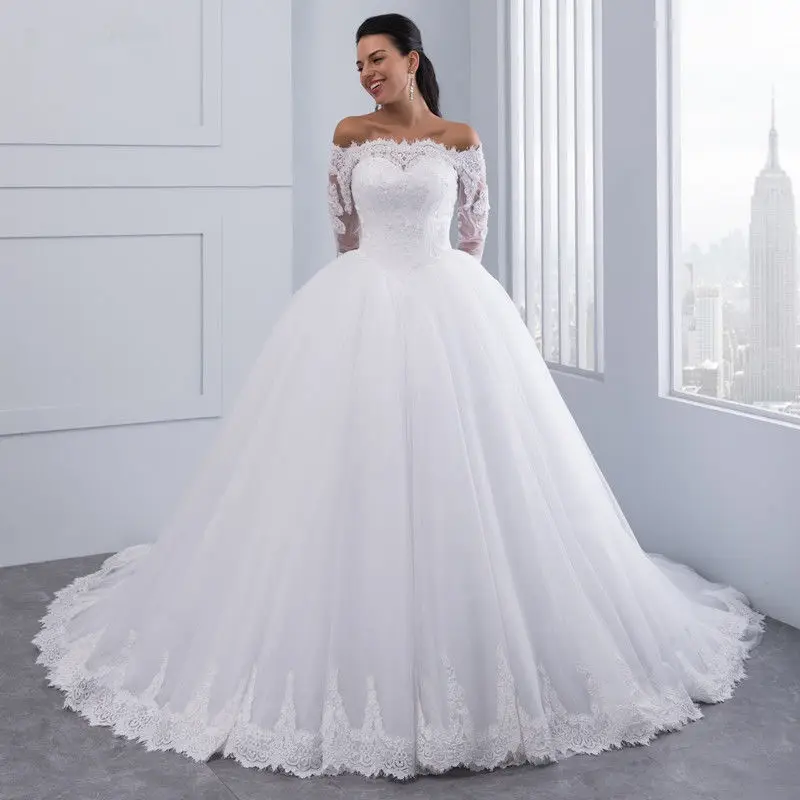 

GUXQD Ball Gown Women Wedding Dresses Court Train Long Sleeves Strapless Bridal Gowns Formal robe de mariée Vestido De Noiva