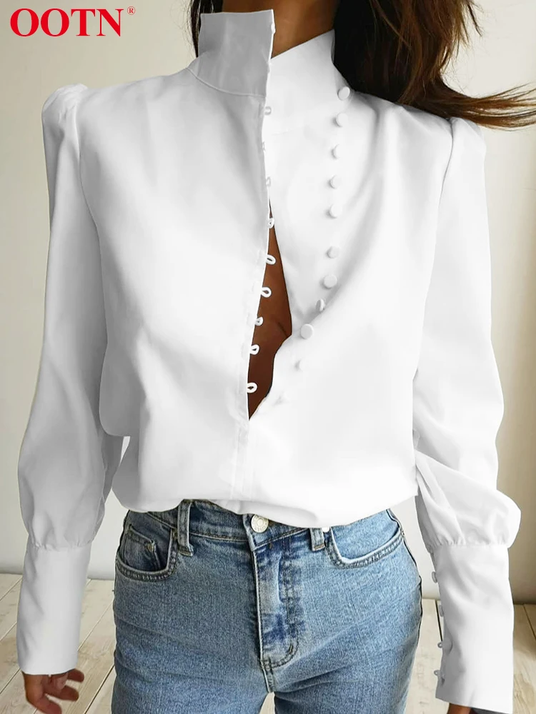 OOTN Elegant Turtleneck White Woman Blouse Fashion Office Long Sleeve Shirts Female Single-Breasted Puff Sleeve Tops 2023 Spring