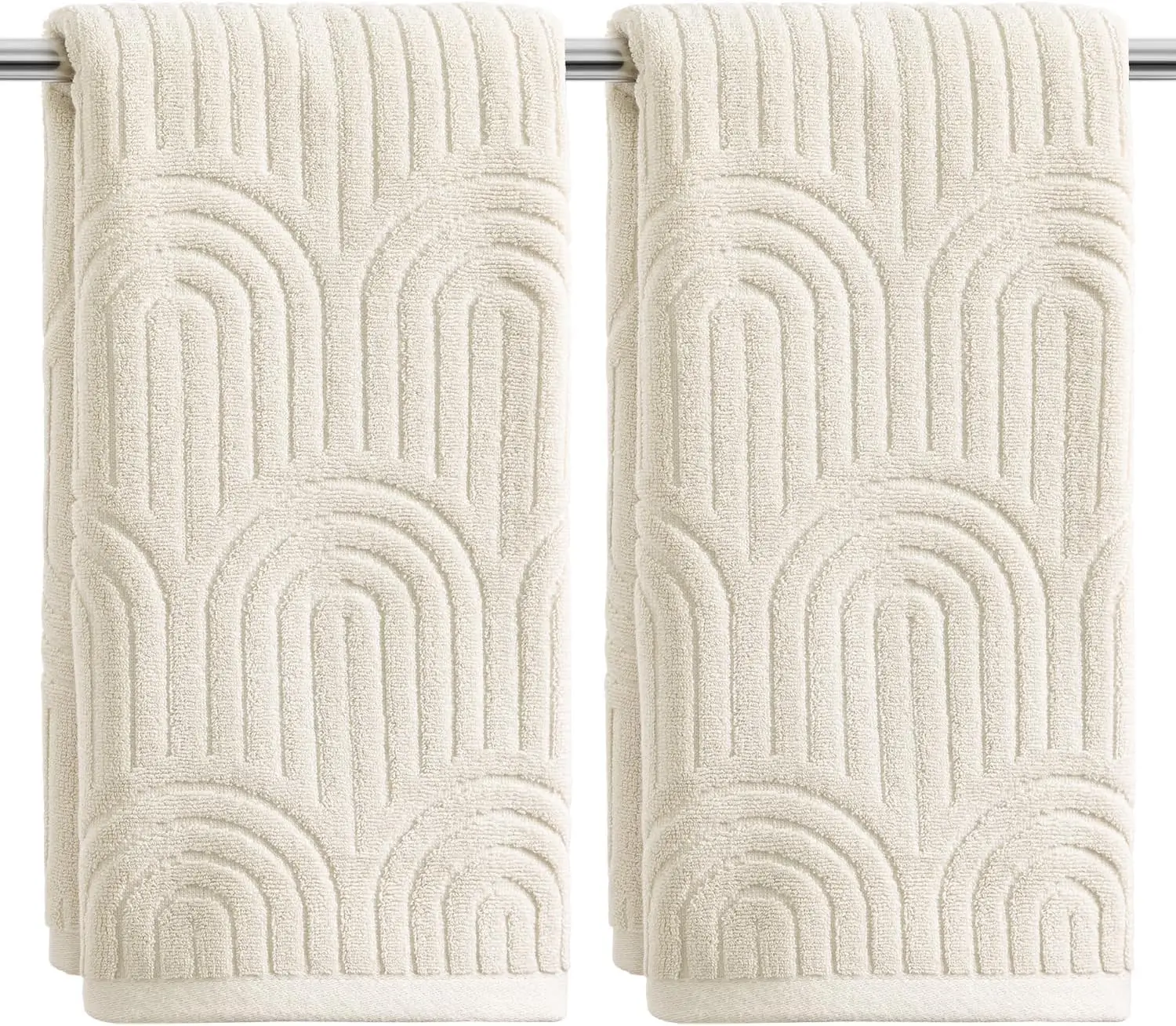 Artoid Mode 2 Pcs Beige 3D Arched Stripes Jacquard Hand Towels for Bathroom, 100% Cotton Soft Absorbent Bathroom Decor Towels, 13.7 x 29.5 Inch