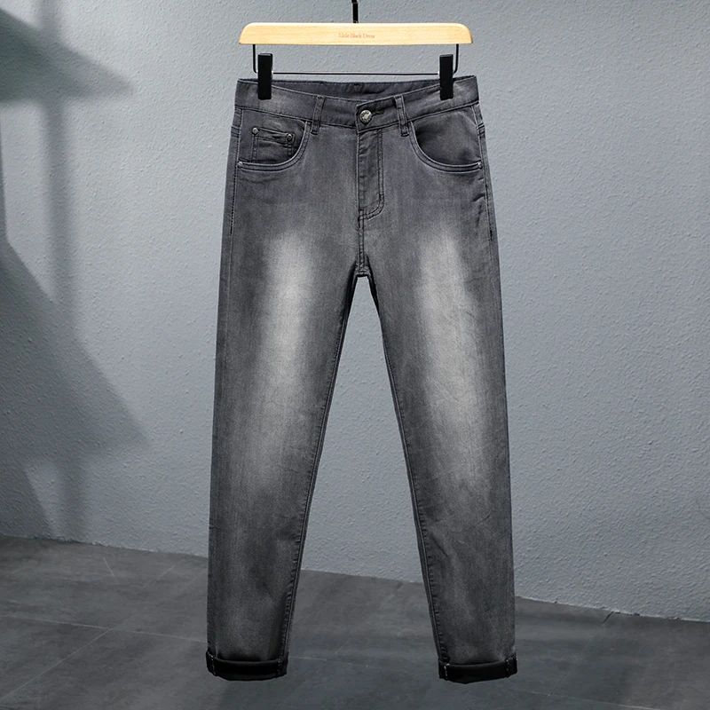 Jeans Stretch slim fit masculino, calça comprida luxuosa e de alto nível, preta, cinza, tendências, primavera e verão, Feet2024-1, nova