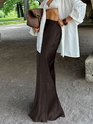 Trendix Vintage Brown Satin Skirt For Women's Elegant High Waist Fashion Loose Maxi Skirts Femme Casual Evening Slim Skirt Woman