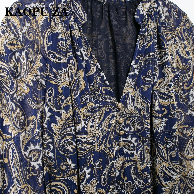 KAOPU ZA Woman\'s 2024 New Autumn Vintage V-Collar Ruffles Print Dress Female Casual belt Long Sleeve Dresses Blouses Top