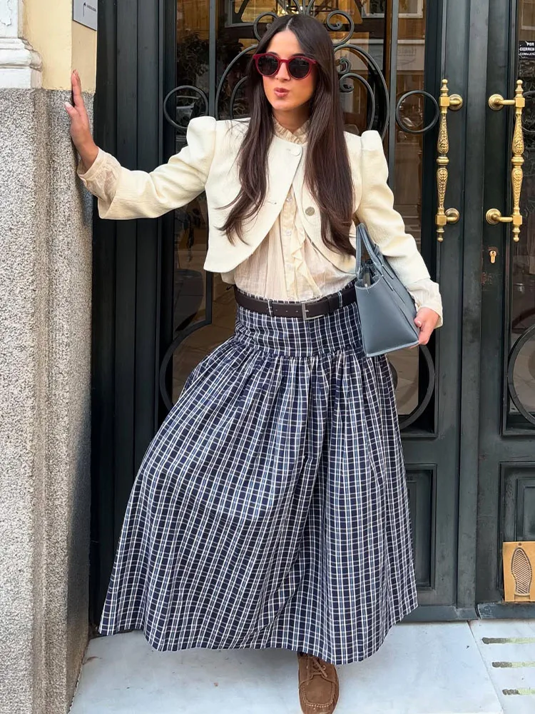 HH Woman Fashion Street Style Skirt Women Fashion Belted Plaid Midi Skirt Zipper Casual Long Skirt High Waist Chic Pleated Skirt