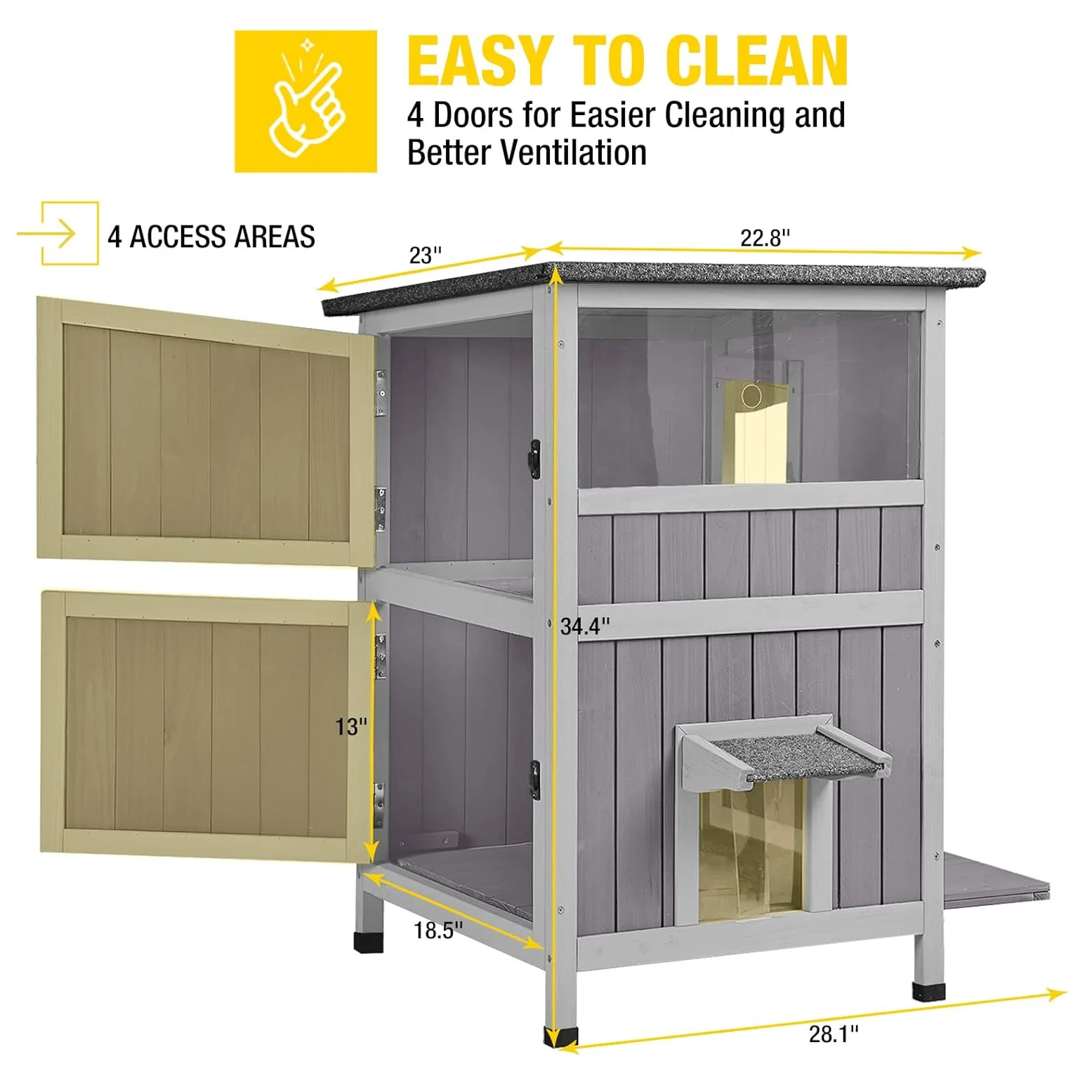 Custom Two-Story Luxury Wooden Cat House Pine Wood Outdoor Cat Shelter With Weatherproof Escape Door For Dogs