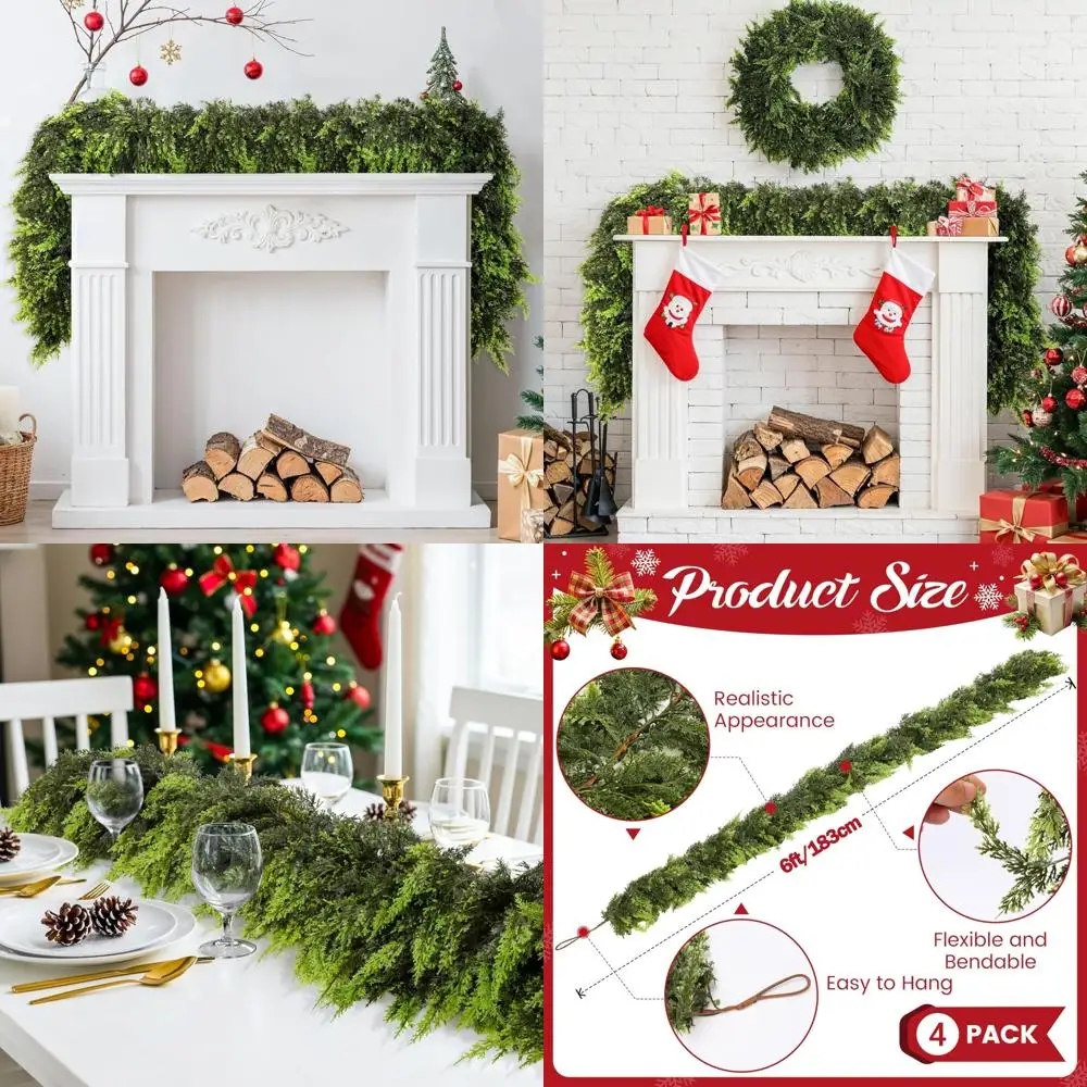 

Artificial Cedar Garlands Set of 4, 6 Feet Long Real Touch Winter Greenery for Table and Mantel Decor