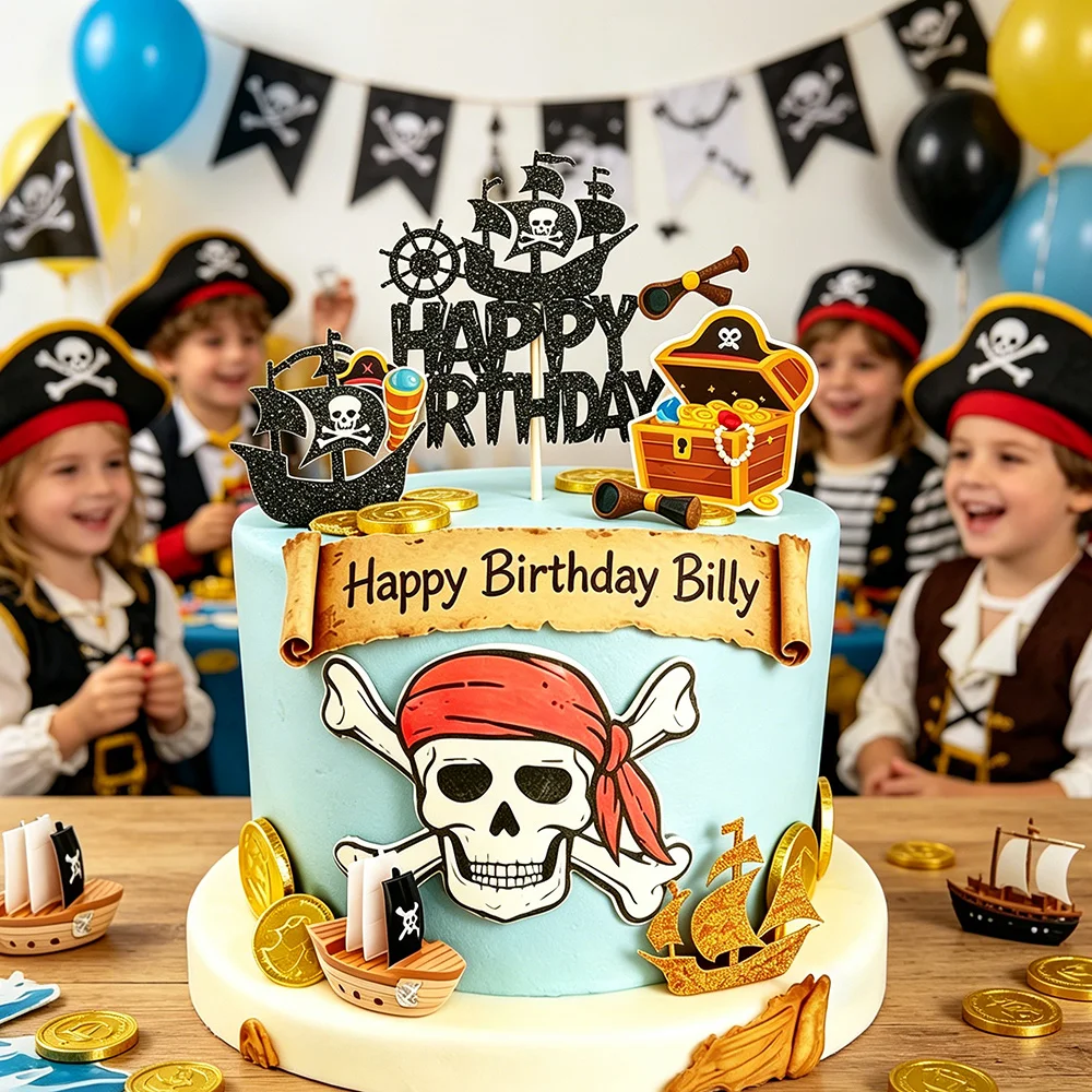 Piraten-Geburtstagskuchen-Dekorationen, Piraten-Cupcake-Topper, Totenkopf-Mütze, Cupcake-Picks, Kapitän, Schatz-Thema, Partyzubehör – Detail 3