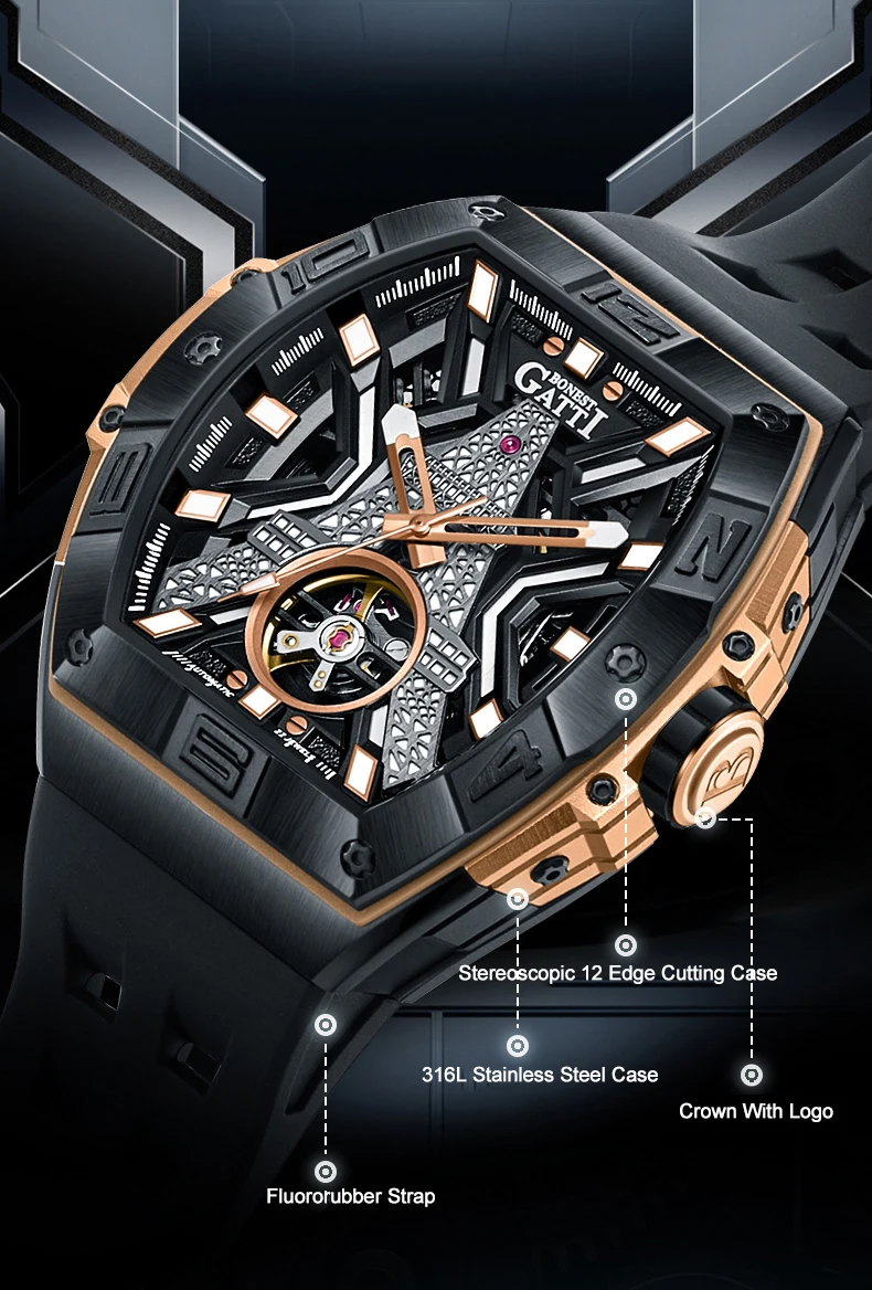 BONEST GATTI Orologio automatico da uomo Orologio da polso meccanico Tonneau di lusso Impermeabile Zaffiro Luminoso Cinturino in gomma fluorurata Scheletro