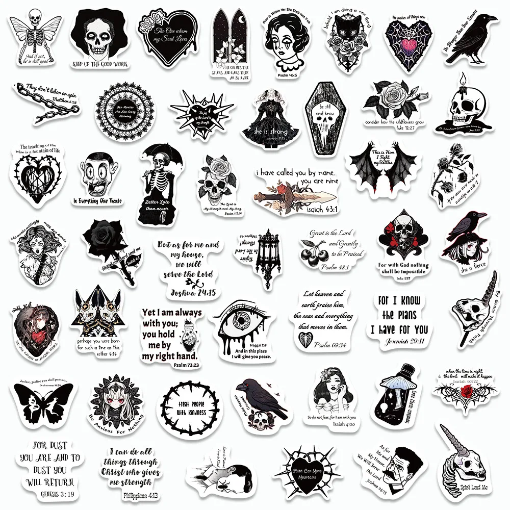 50PCS Gothic Bible Stickers Cool Black White DIY Decals For Envelope Notebooks Laptop Guitar Phone Case Vinyl Graffiti Stickers