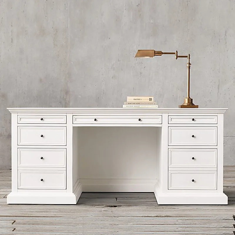 Oak white desk made of solid wood with drawers, retro style writing desk